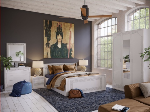 Спальный Гарнитур Афродита-1 МДФ Белый Глянец (Шкаф+Комод+Зеркало+Тумбы+Кровать)